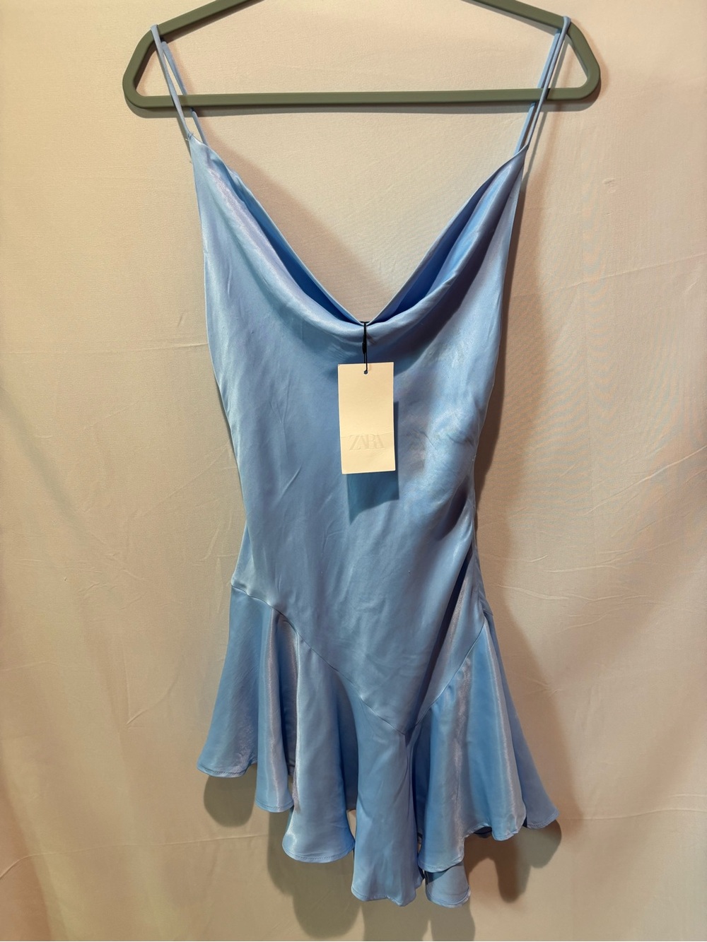 Zara Baby Blue Satin Cowl Slip Dress with Flounce Hem